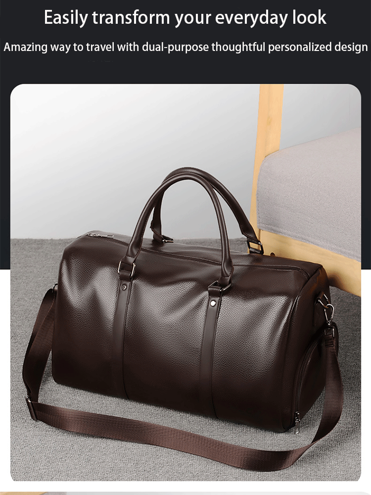 Bolsa de viaje retro de cuero PU marrón oscuro sobre una alfombra gris.