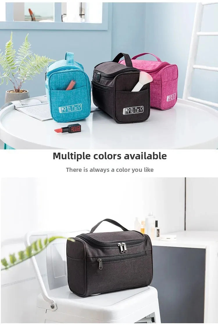 Multiple colored portable toiletry bags displayed on a white table and a white chair.