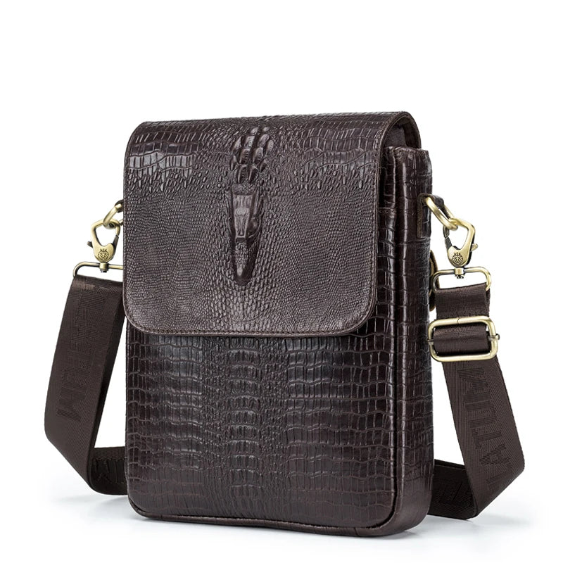 Dunkelbraunes, echtes Leder Vintage-Krokodil-Muster-Shoulderbag mit goldfarbenem Riemen.