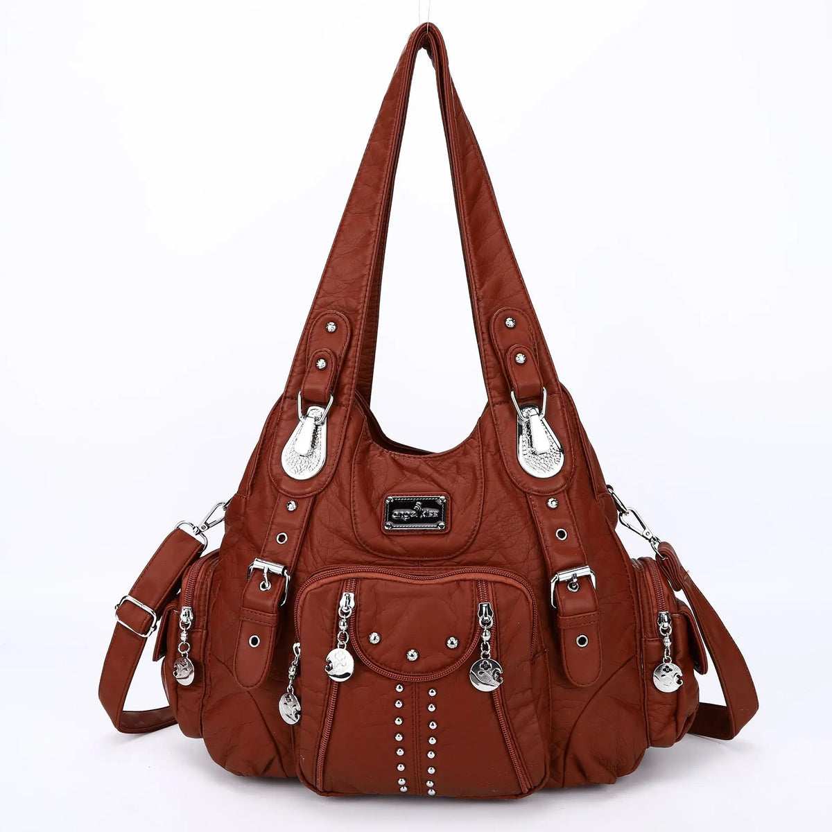 A brown vintage PU leather hobo shoulder bag with silver hardware.