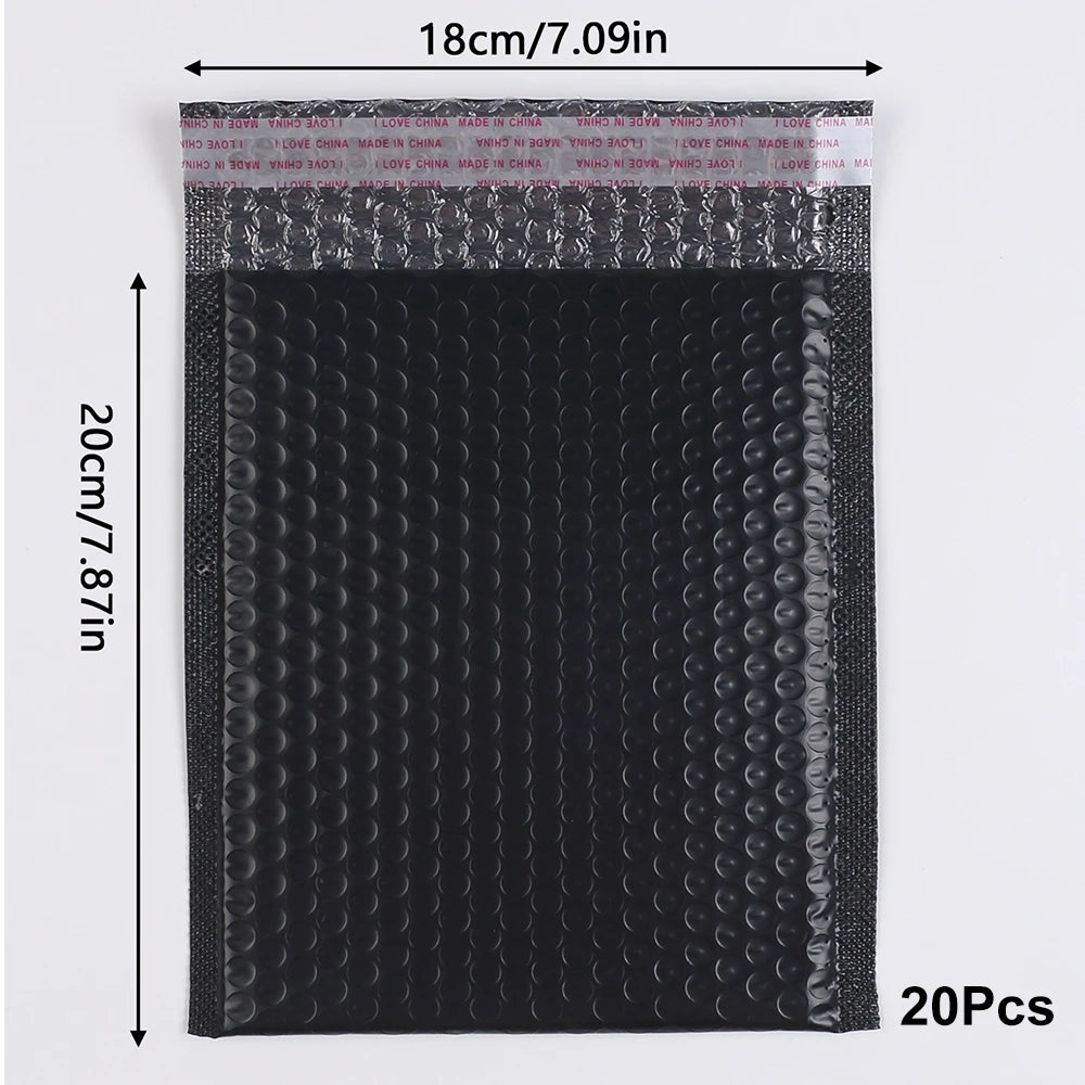 A pack of 20 black bubble mailers with self-seal closure.