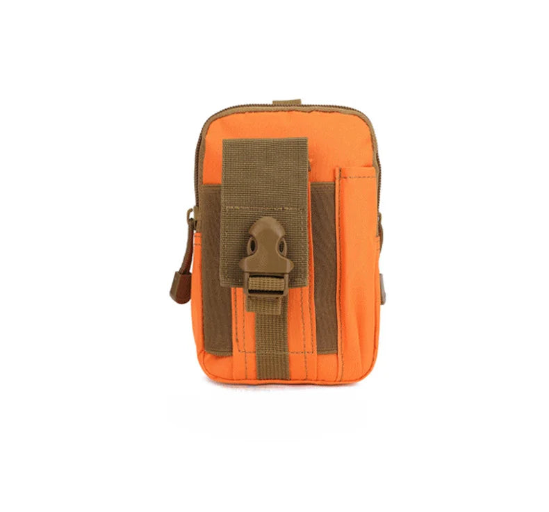 Orange and olive green tactical MOLLE waist pouch with a flap closure and phone pocket