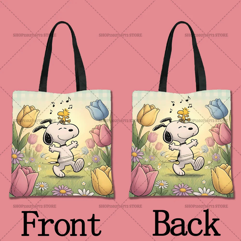 A pair of canvas tote bags featuring a cartoon dog design with yellow and pink tulips on a light green background.