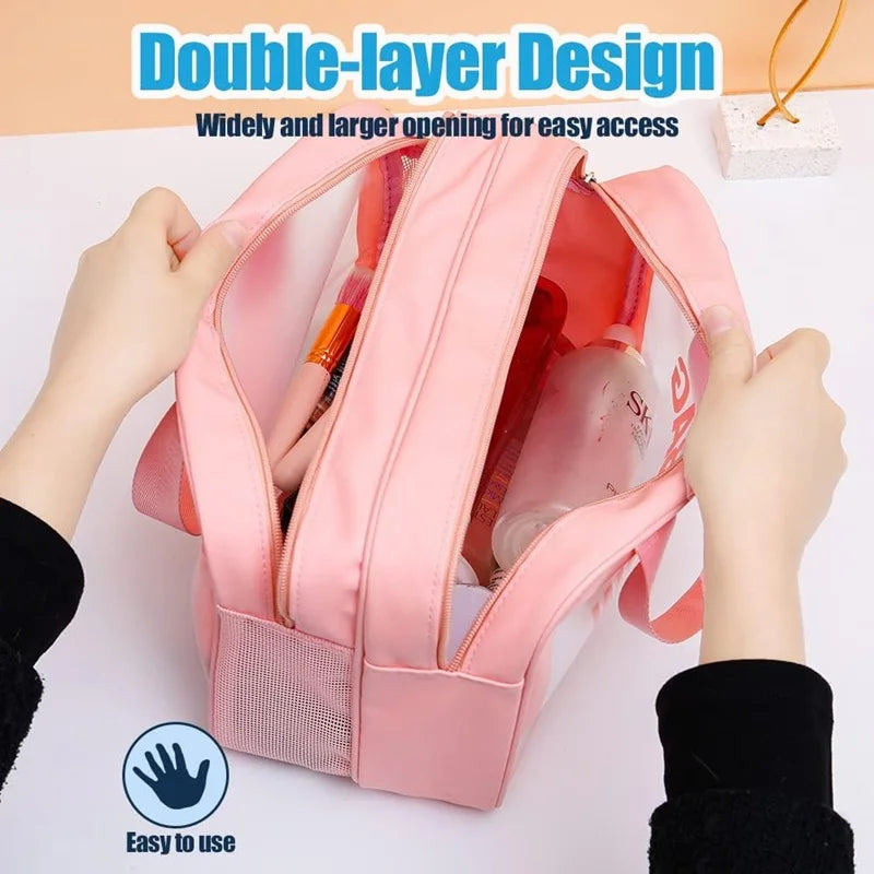 A pink double-layer travel toiletry bag is shown being opened for easy access.