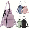 A collection of pink and gray insulated water bottle crossbody bags with various pocket designs.