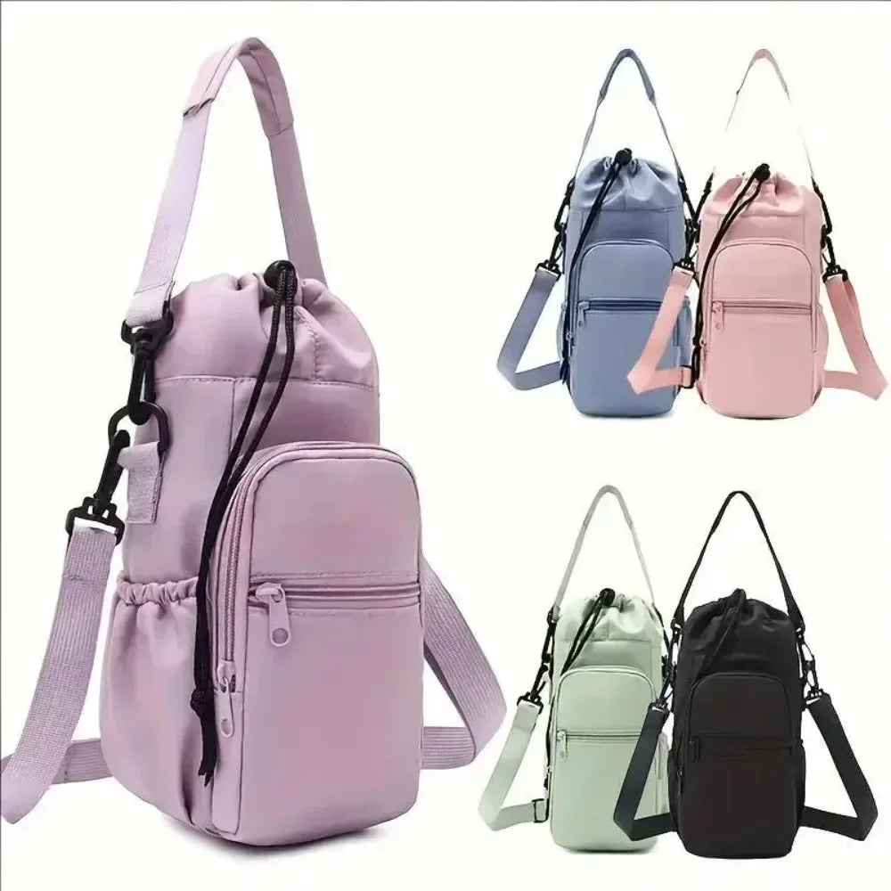 A collection of pink and gray insulated water bottle crossbody bags with various pocket designs.