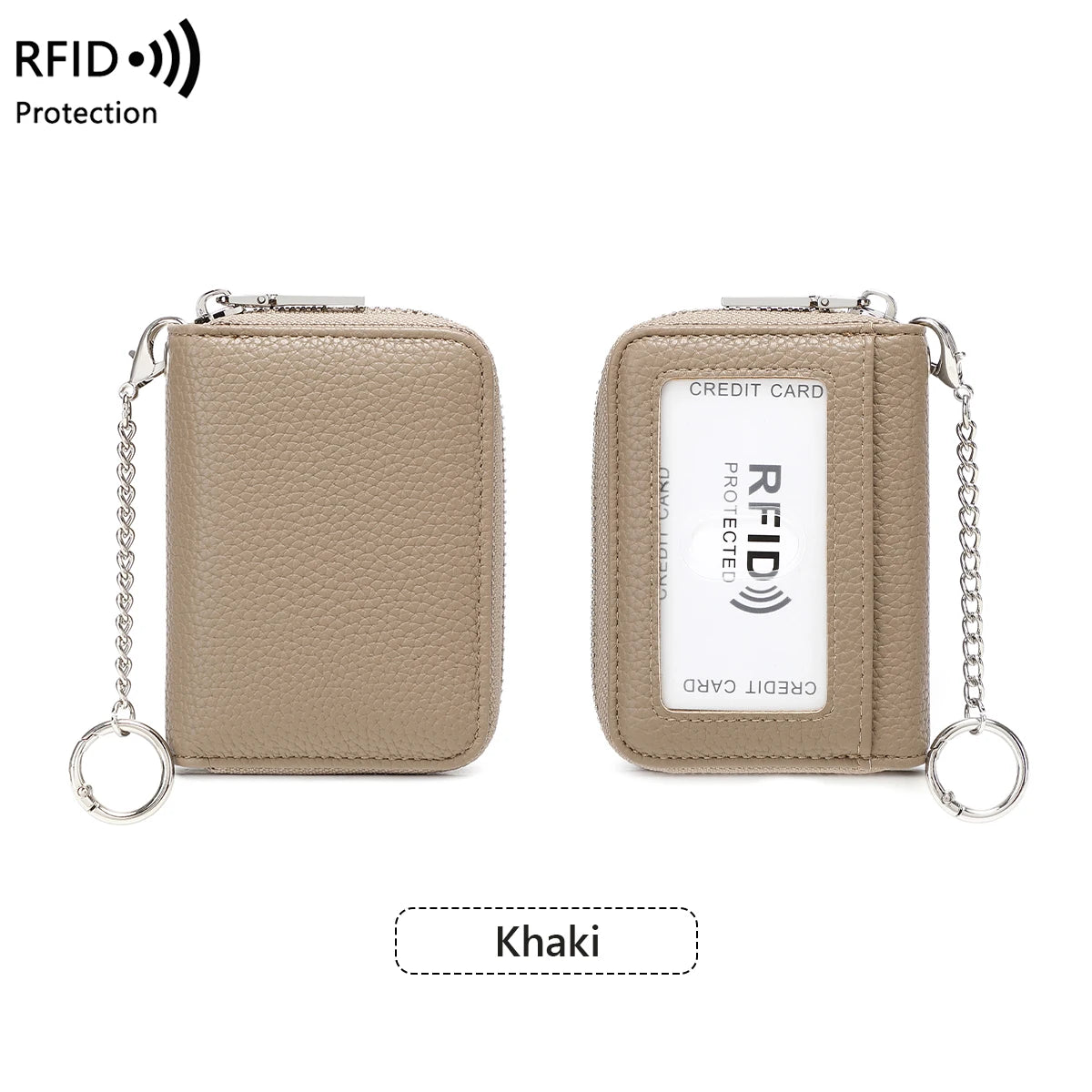 A tan RFID protected accordion wallet designed to safeguard credit cards and IDs.