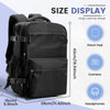 Black travel compression backpack showing various features like a 11 inch pad, camera compartment, and headphone storage.