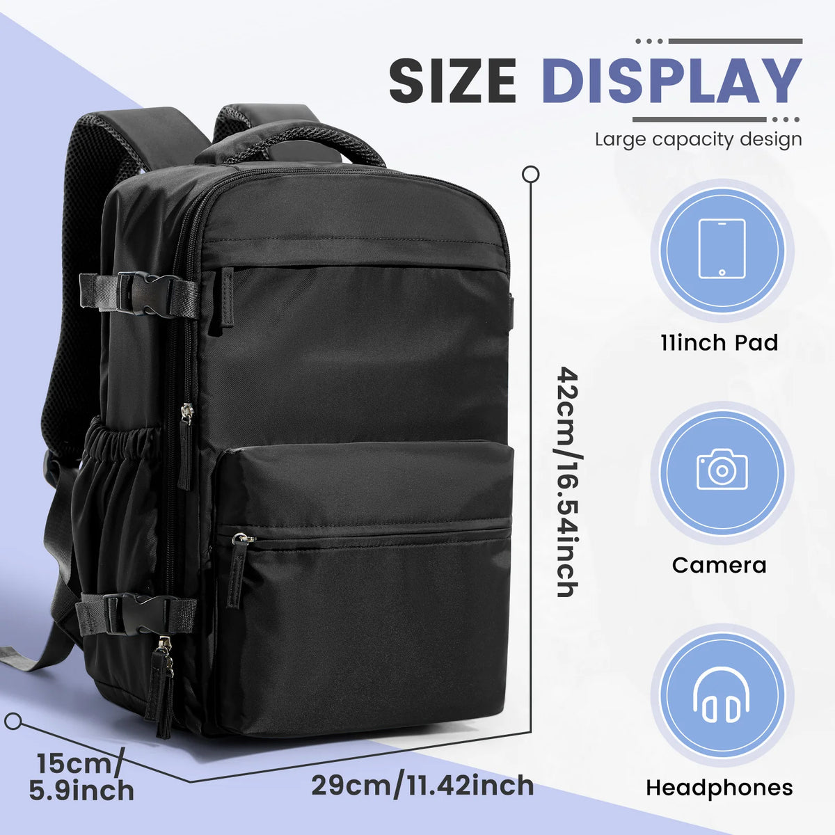 Black travel compression backpack showing various features like a 11 inch pad, camera compartment, and headphone storage.