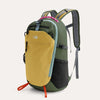 A olive green laptop backpack with a yellow front pocket and gray straps.