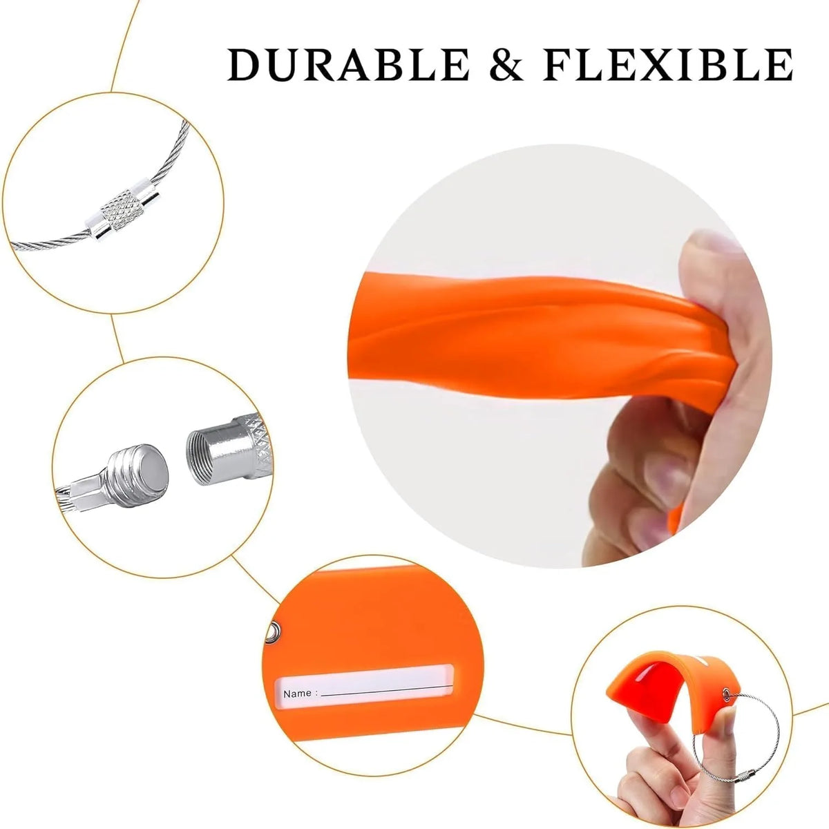 Orange silicone luggage tags showing various forms and a hand holding one tag.