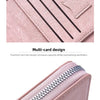 Pink leather wallet showing a multi-card design and hardware zipper detail.