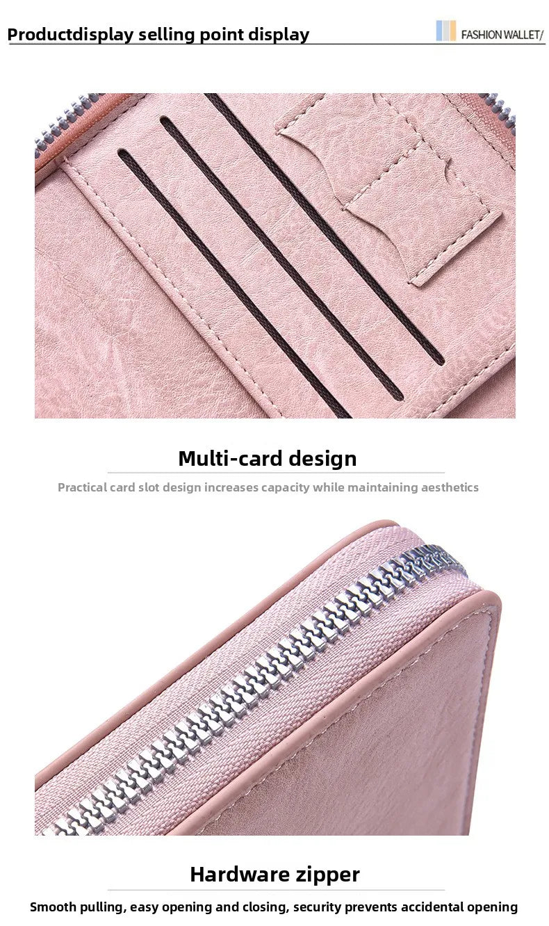 Pink leather wallet showing a multi-card design and hardware zipper detail.