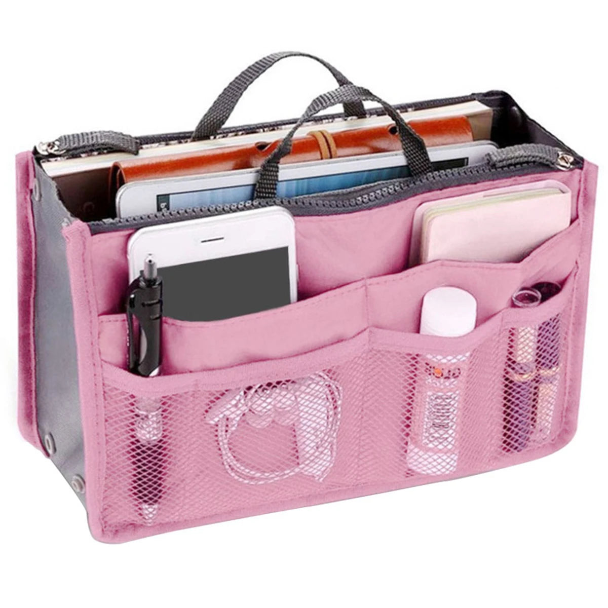 A pink multi-pocket organizer tote bag is shown open, displaying various cosmetic and essential items.