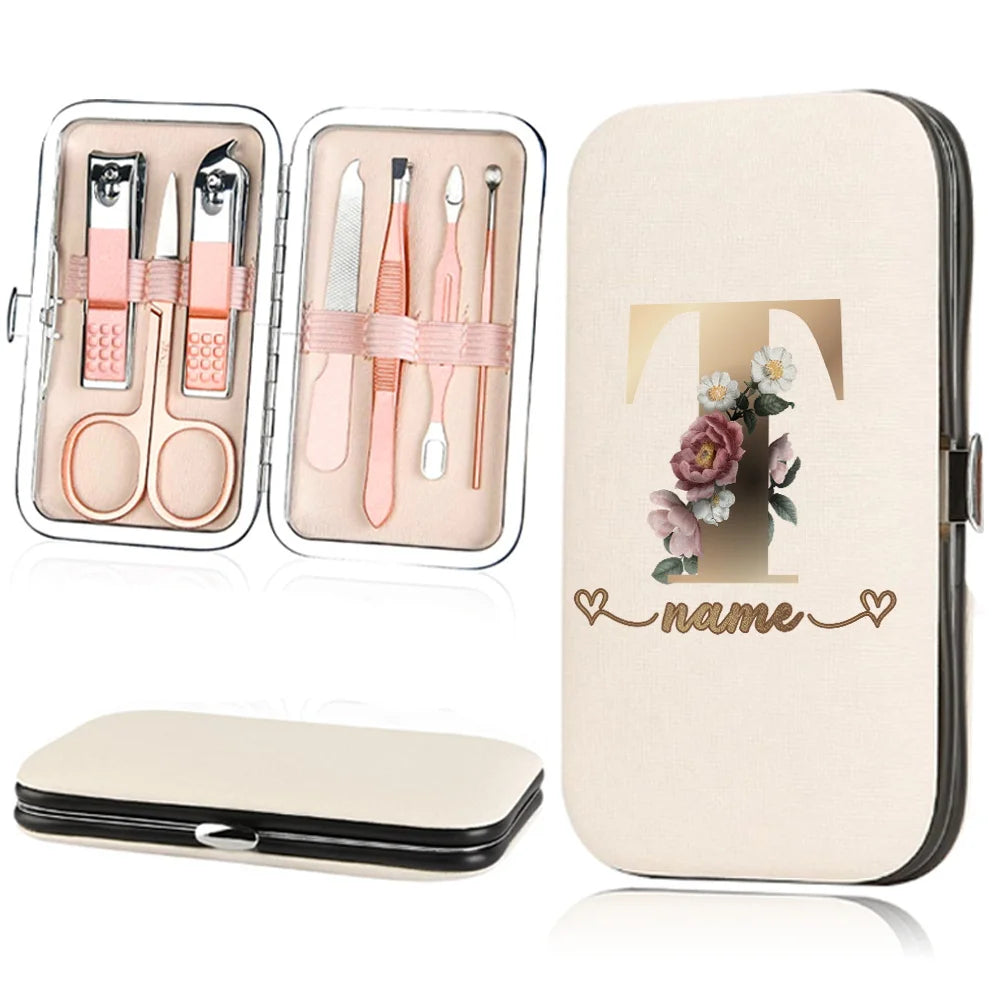 A beige cosmetic case holds a 7-piece stainless steel nail clipper set, including scissors and tweezers.