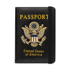 Black leather passport holder featuring a gold embossed United States eagle badge.