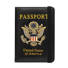 Black leather passport holder featuring a gold embossed United States eagle badge.