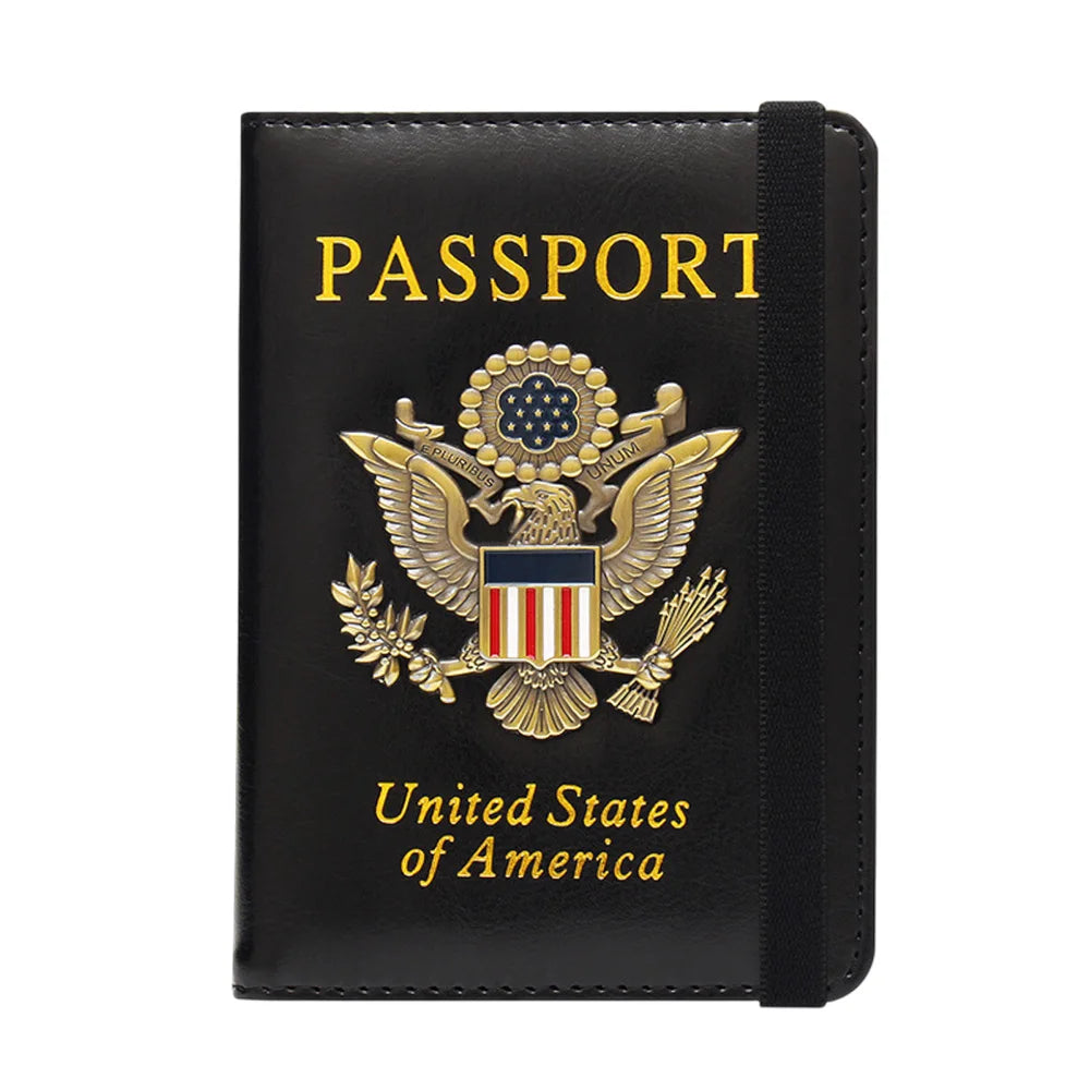 Black leather passport holder featuring a gold embossed United States eagle badge.