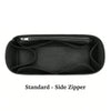 Black felt tote bag organizer insert with a side zipper and multi-pocket divider.