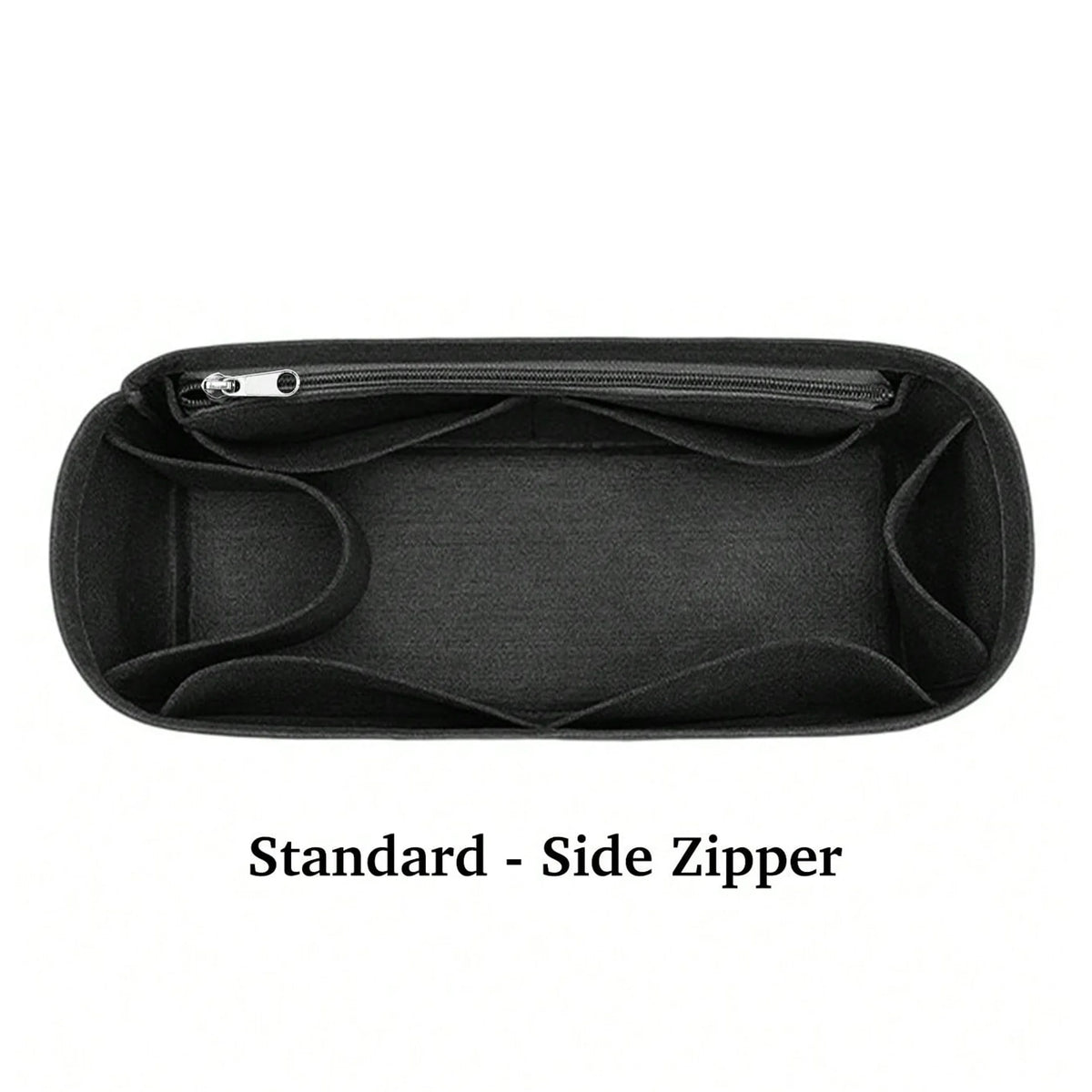 Black felt tote bag organizer insert with a side zipper and multi-pocket divider.