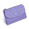 A purple genuine leather mini card holder wallet with a zippered closure.