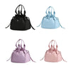 Three insulated drawstring lunch bags in black, light blue, and pink.