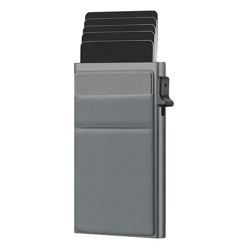 A slim metal RFID credit card holder wallet with multiple slots shown in a gray finish.