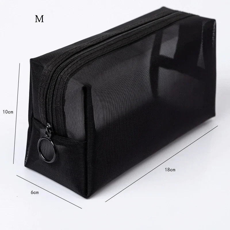 Black portable mesh cosmetic storage pouch shown from the top, with dimensions 10cm by 18cm.