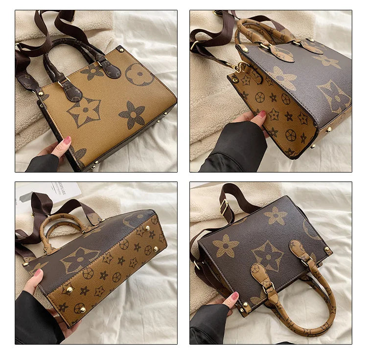 A set of three brown and tan patterned ladies' shoulder tote bags shown from different angles.