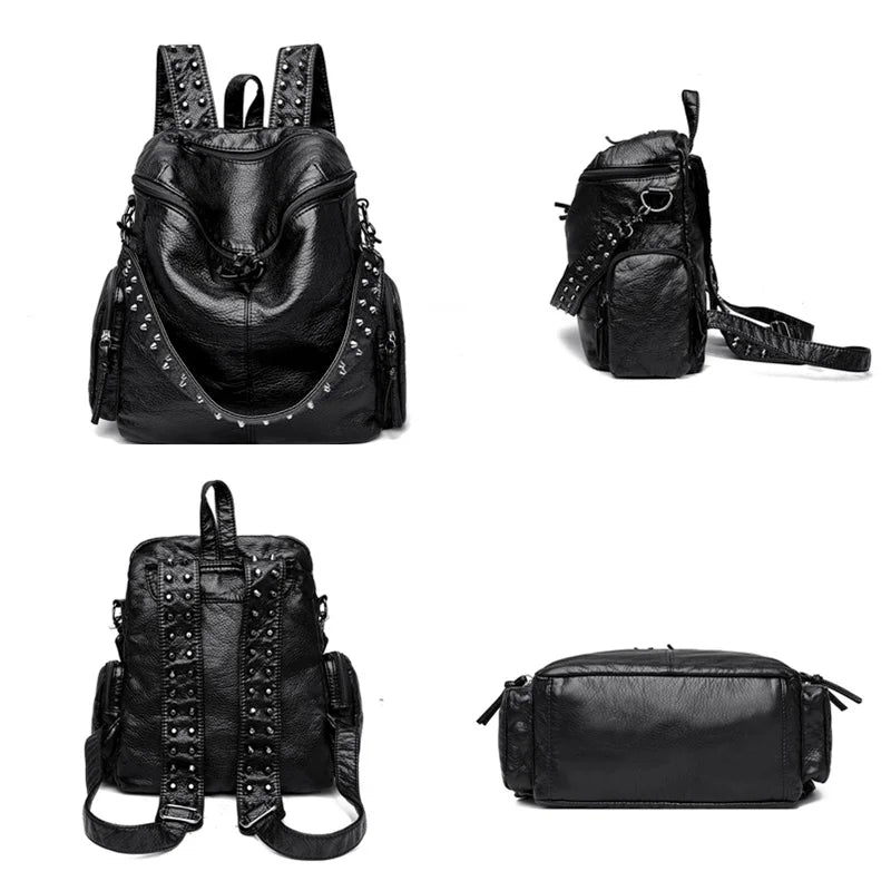 Sac à dos en cuir souple noir et rivetée, montré sous plusieurs angles.