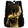 A black backpack featuring a graphic of a soccer player in a yellow jersey raising his arm.