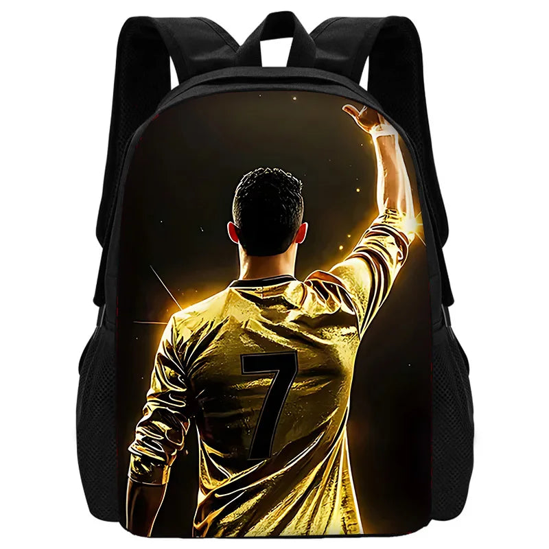A black backpack featuring a graphic of a soccer player in a yellow jersey raising his arm.