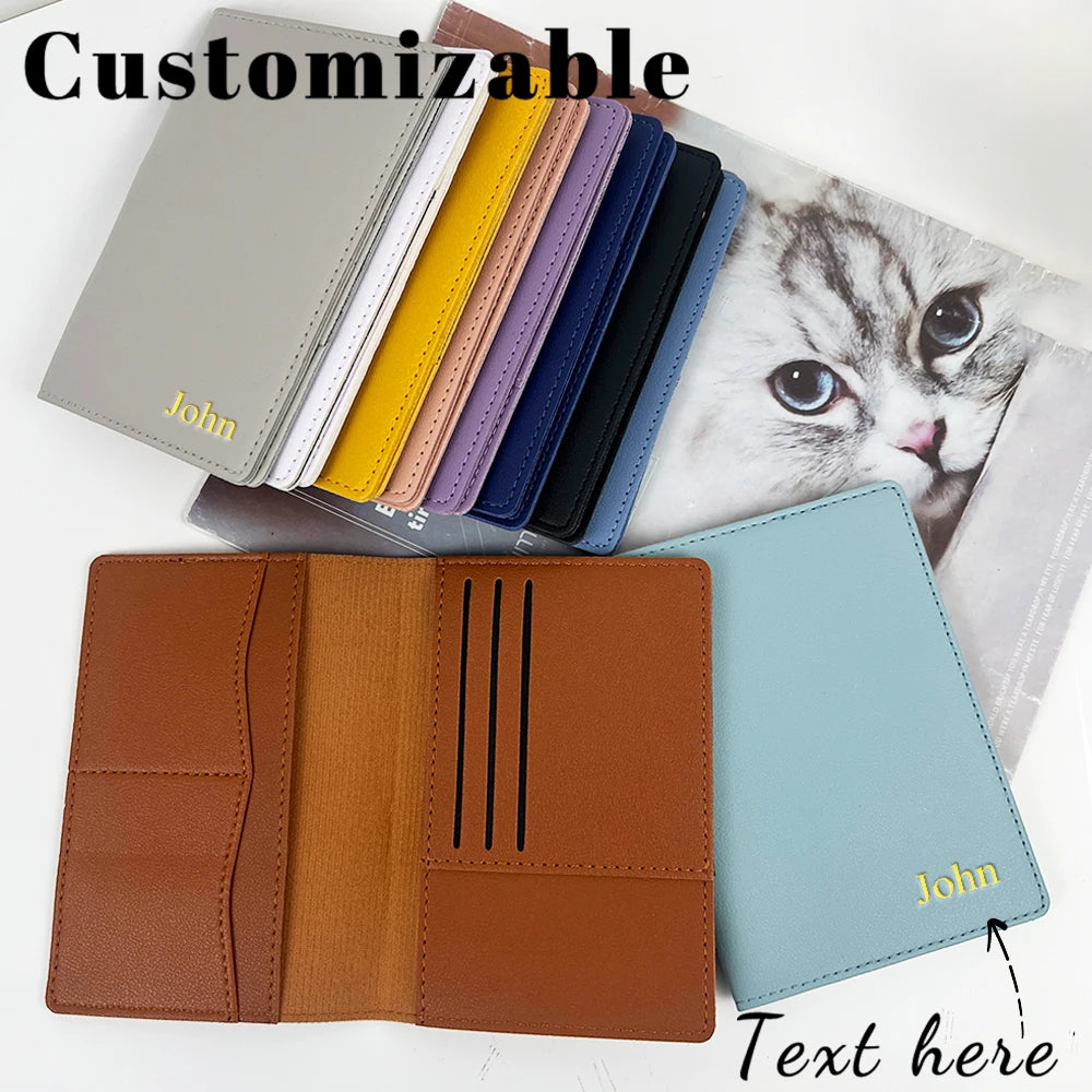 A collection of customizable PU leather passport holders in various colors and shades, including brown, yellow, purple, and b
