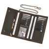 A brown leather bifold wallet with a metal chain is shown open, displaying multiple card slots.