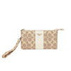A beige and tan printed faux leather mini crossbody bag with a vertical stripe design.