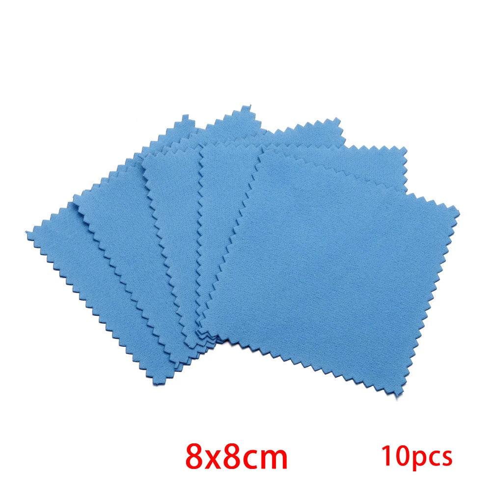 A set of ten light blue polishing cloths, measuring 8x8cm each.