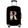 Black premium stretch luggage protective cover with a large gold letter R design