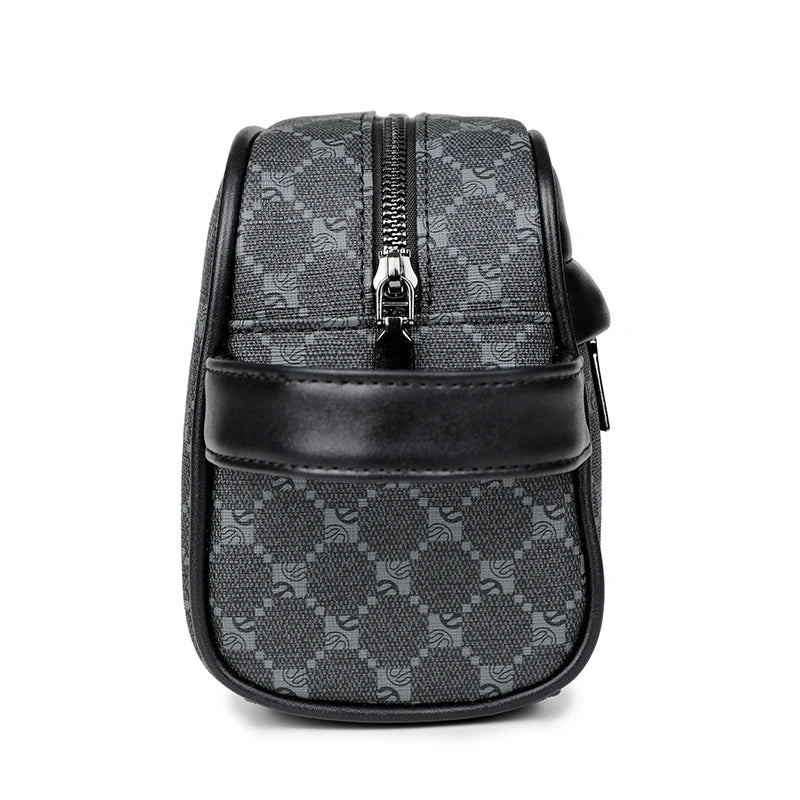 Black vintage PU leather clutch bag with a zippered closure and leather strap.