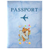 Light blue passport card holder featuring a stylized bear head letter N and a small airplane graphic