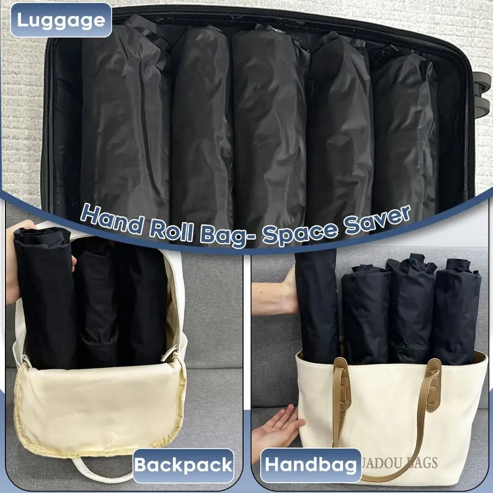 Reusable vacuum storage bags shown in a black suitcase, a beige backpack, and a cream handbag.