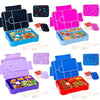 A collection of colorful portable kids lunch boxes with divided compartments and various accessories like cutlery.