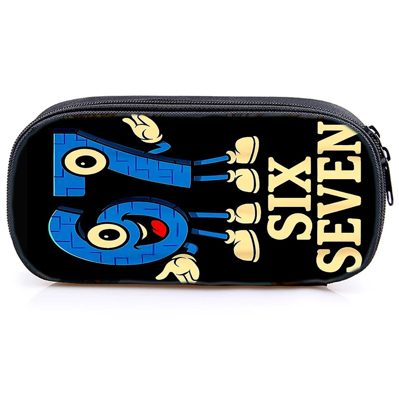 Black zippered pouch featuring a blue and yellow graphic design with the words SIX SEVEN