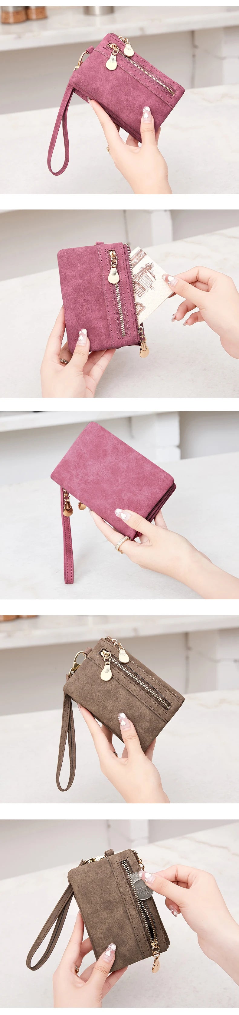 A hand holds a retro PU leather double fold wallet in mauve color, showing the zipper detail.