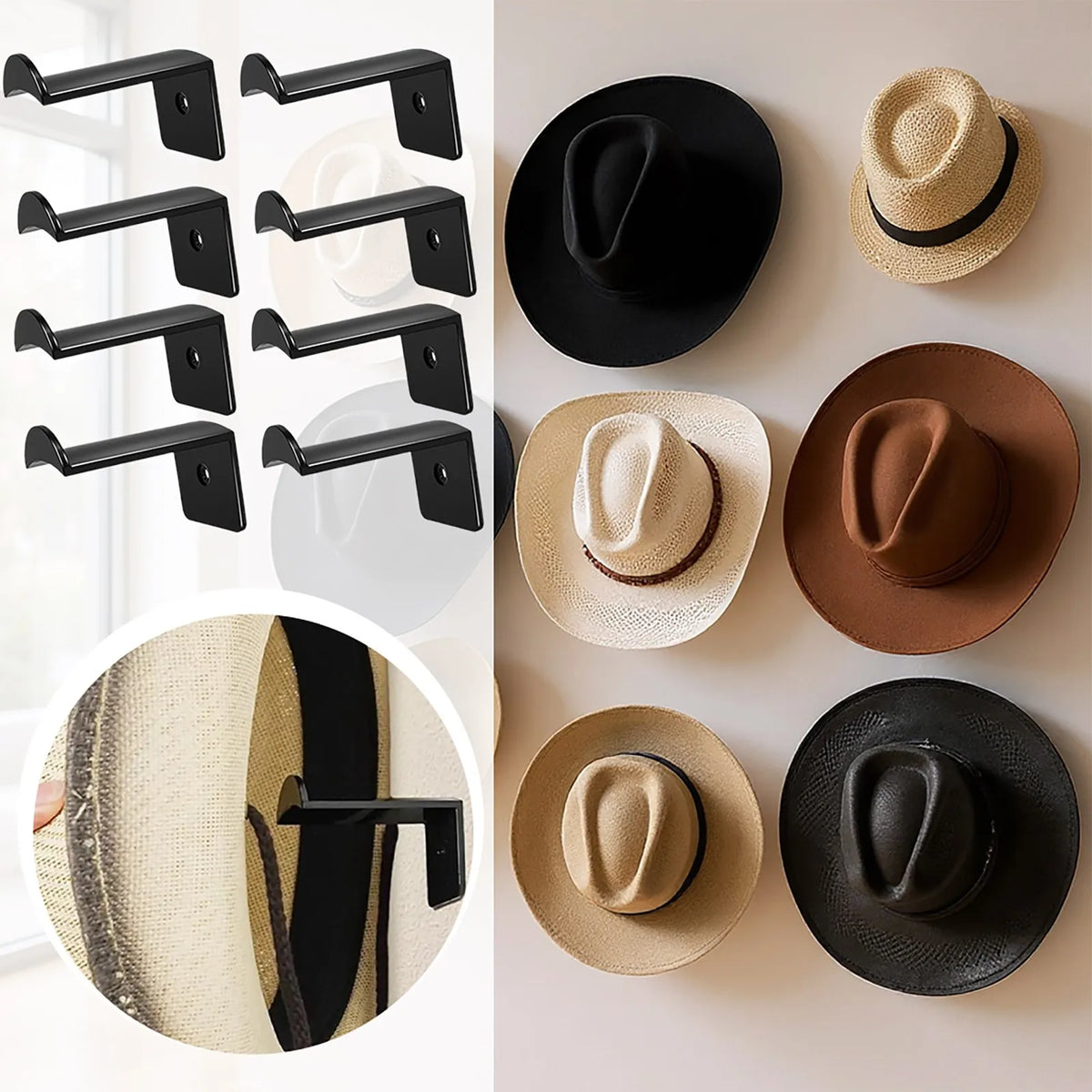 A collection of black and natural fiber magnetic wall hooks for hanging hats and accessories.