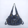 A dark blue denim vintage PU leather hobo shoulder bag with gold hardware.