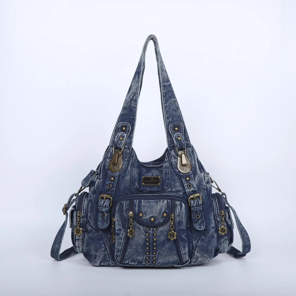 A dark blue denim vintage PU leather hobo shoulder bag with gold hardware.