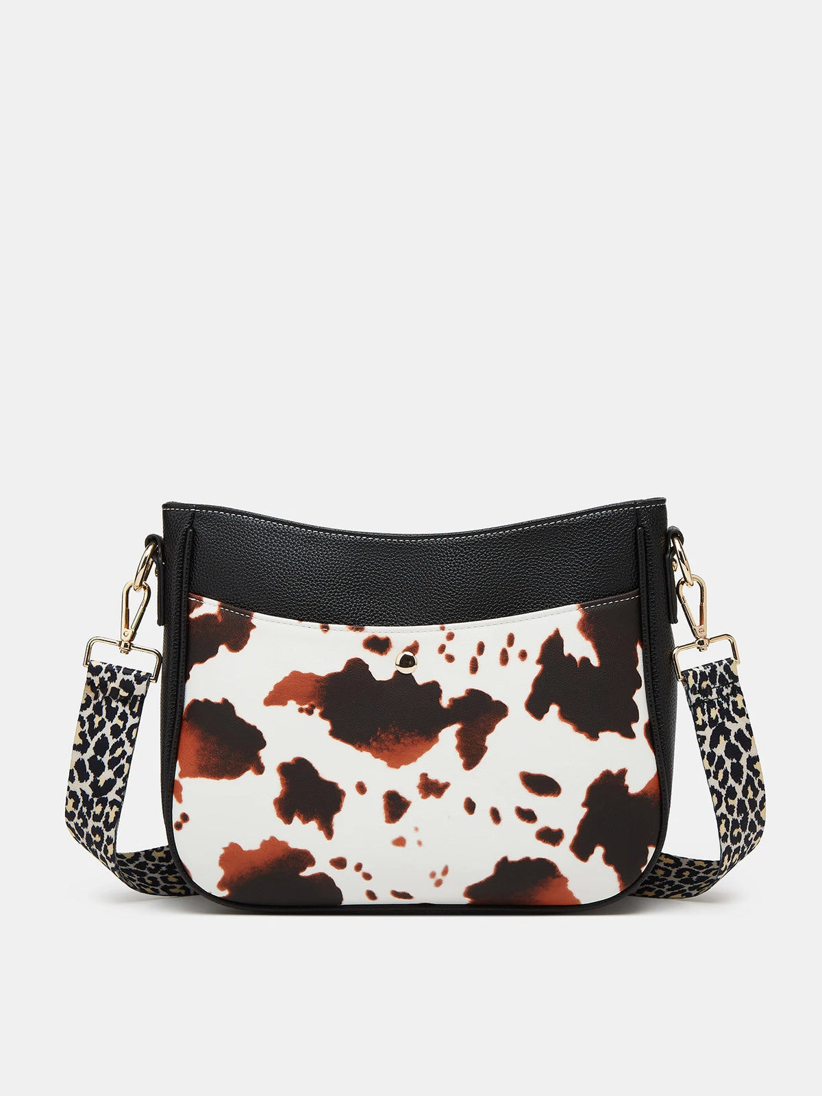 Sac à main en cuir PU à imprimé vache noir et blanc avec quincaillerie dorée
