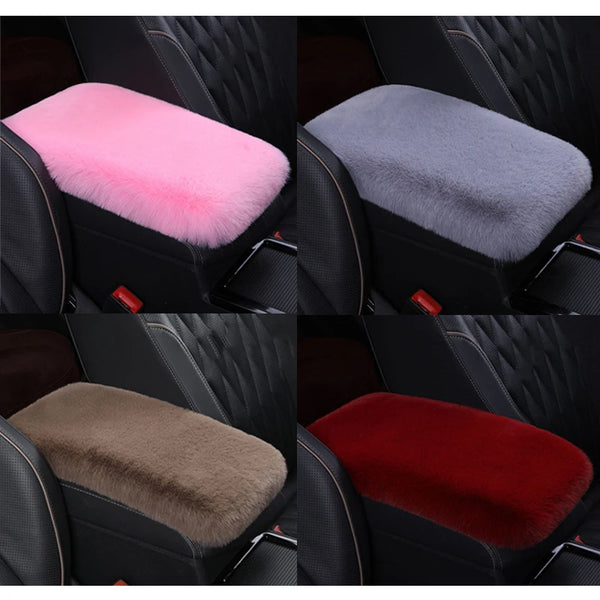 A set of plush car armrest cushions in pink, gray, brown, and red colors shown in a vehicle interior.