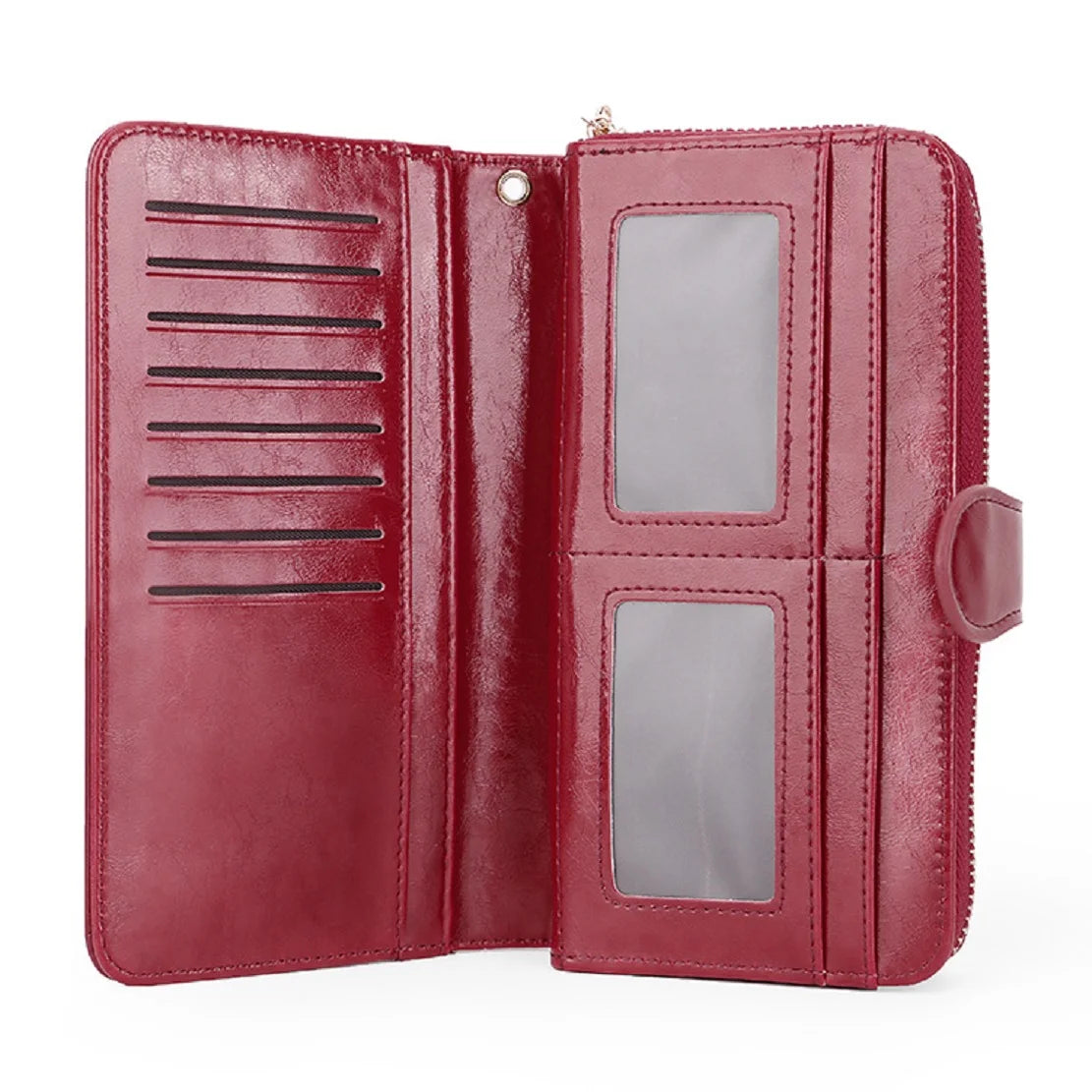 A maroon wax leather long wallet with a wrist strap shown open, displaying two clear pockets.