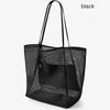 Black foldable mesh beach tote bag with woven shoulder straps